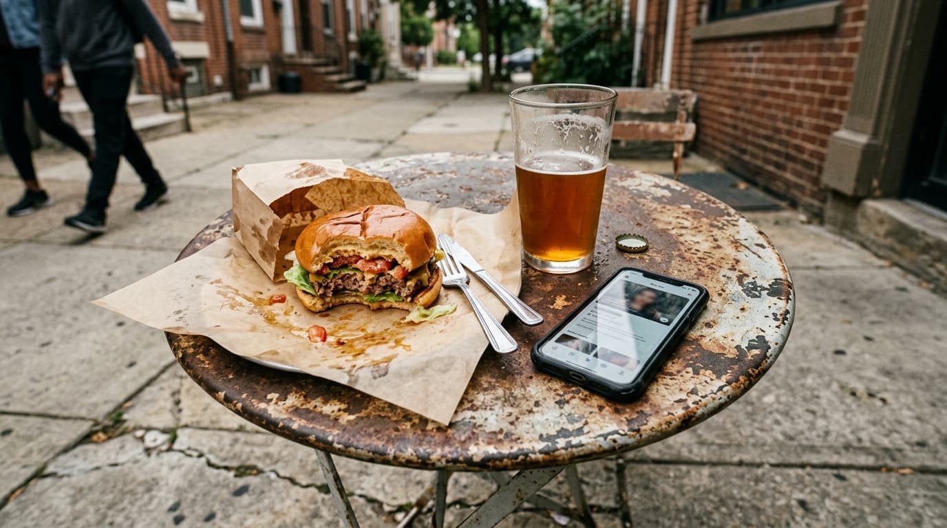 Overhead flat-lay on a weathered West Philly sidewalk. A half-eaten burger, a craft beer pint, and a smartphone showing a...