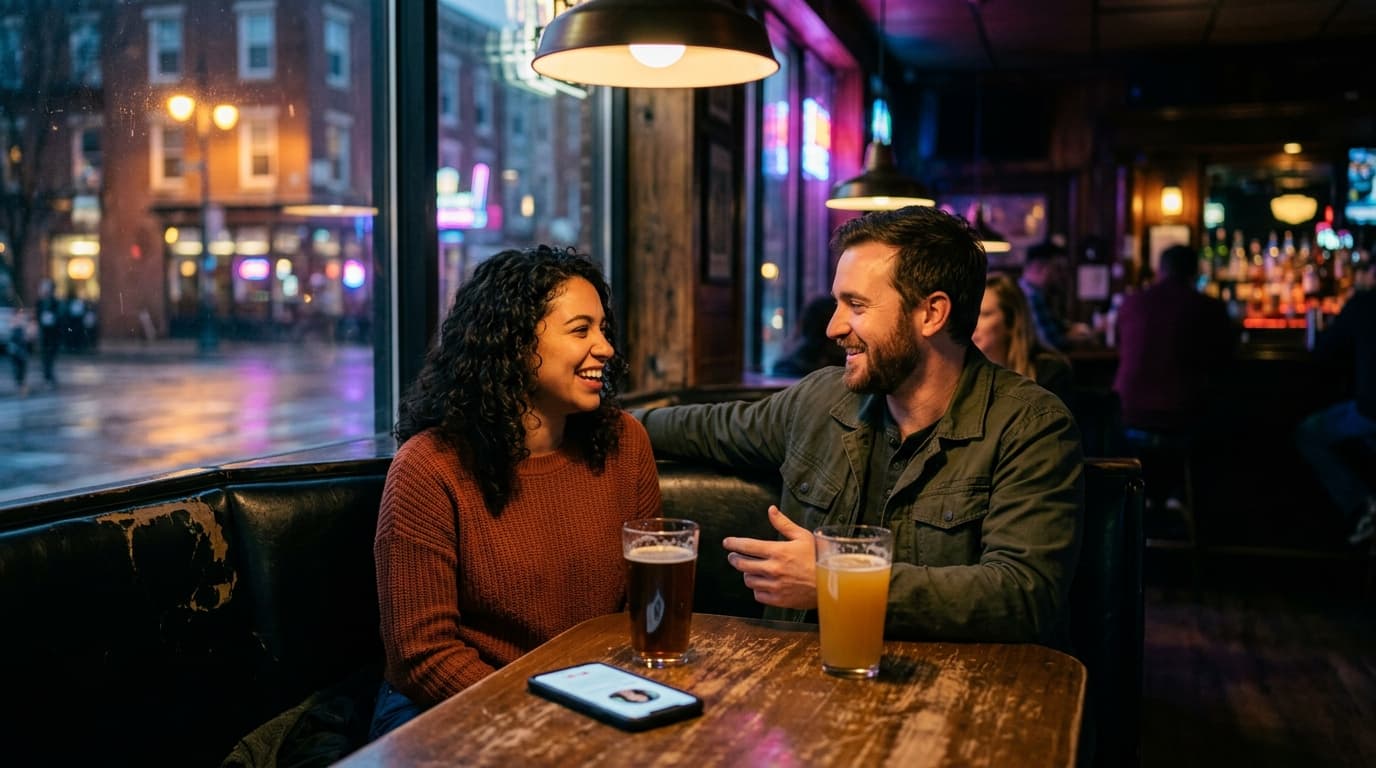 A couple sits at a neon-lit dive bar booth in Philadelphia, warm tungsten light highlighting their faces. An open smartpho...