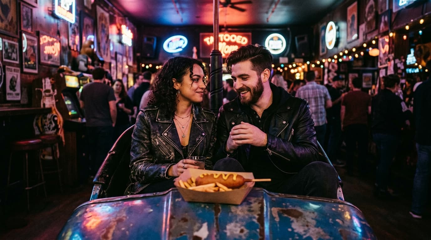 A medium shot capturing a couple sitting inside a retro bumper car at Tattooed Mom. Warm, low-hanging neon lighting reflec...