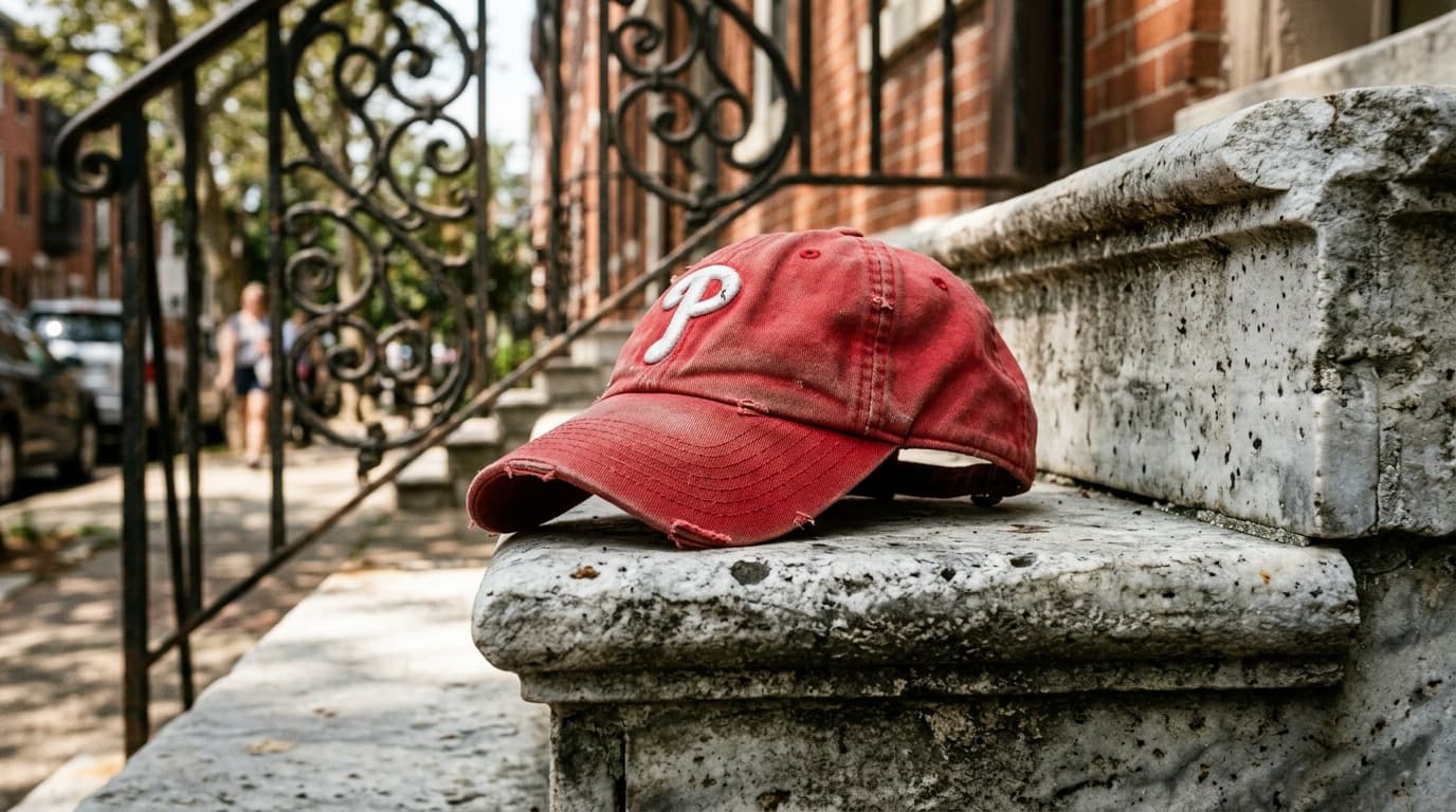 A macro shot of a worn, red Phillies baseball cap resting on a weathered marble stoop in Fitler Square, illuminated by har...