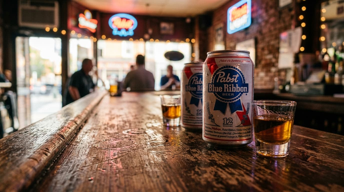 A macro shot captures two sweating Pabst Blue Ribbon cans and two whiskey shots on a scarred wooden bar at Bob & Barbara’s...