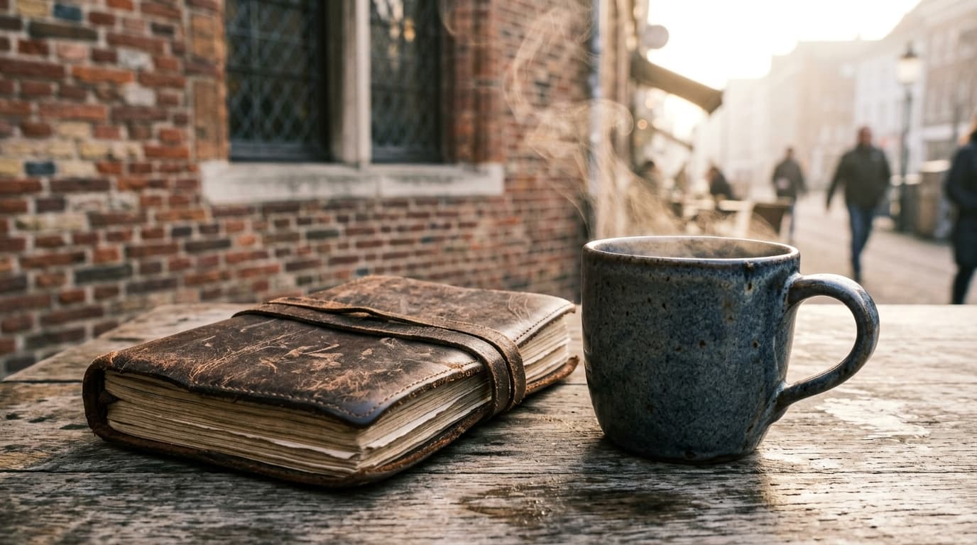 A close-up, low-angle shot of a worn leather-bound medical journal and a ceramic mug on a weathered wooden cafe table. Sof...