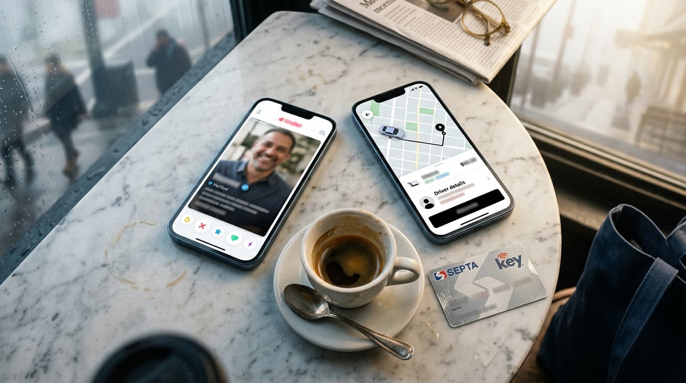 Overhead flat-lay on a marble cafe table: a smartphone displaying a verified dating profile beside a sleek ride-share app...