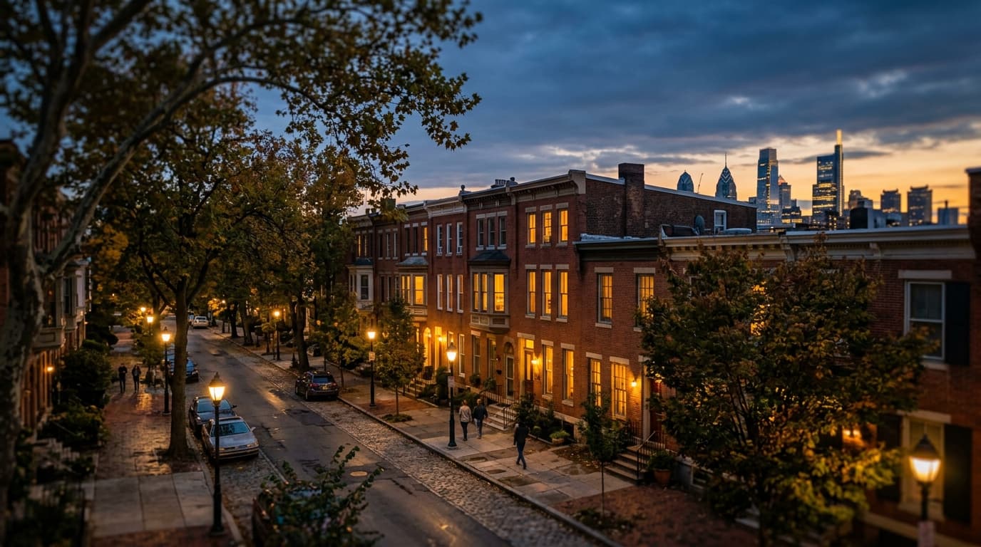 A wide-angle, tilt-shift shot of a row of classic West Philly brick townhouses at dusk. Warm tungsten light spills from wi...