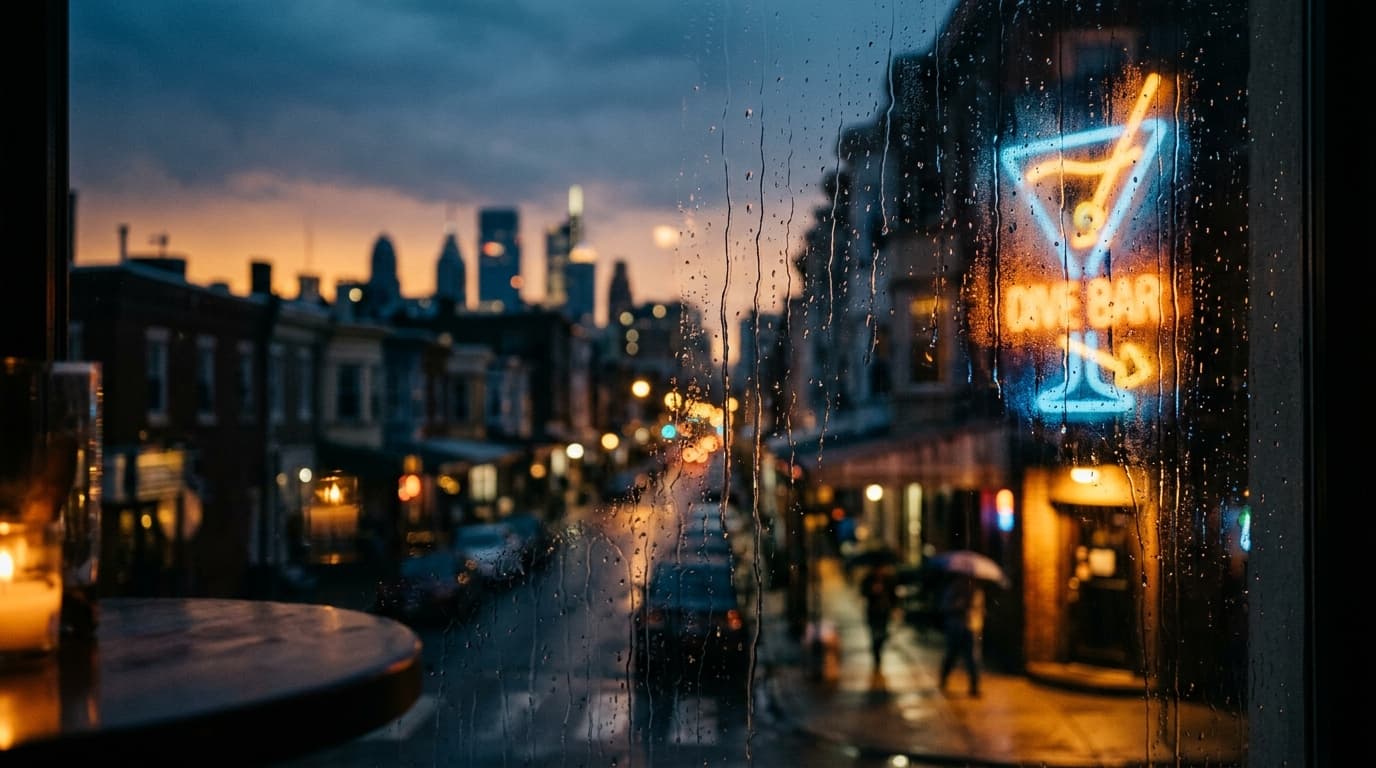 A medium shot, captured at dusk, looking through a rain-streaked window at the neon sign of a dive bar in the Italian Mark...