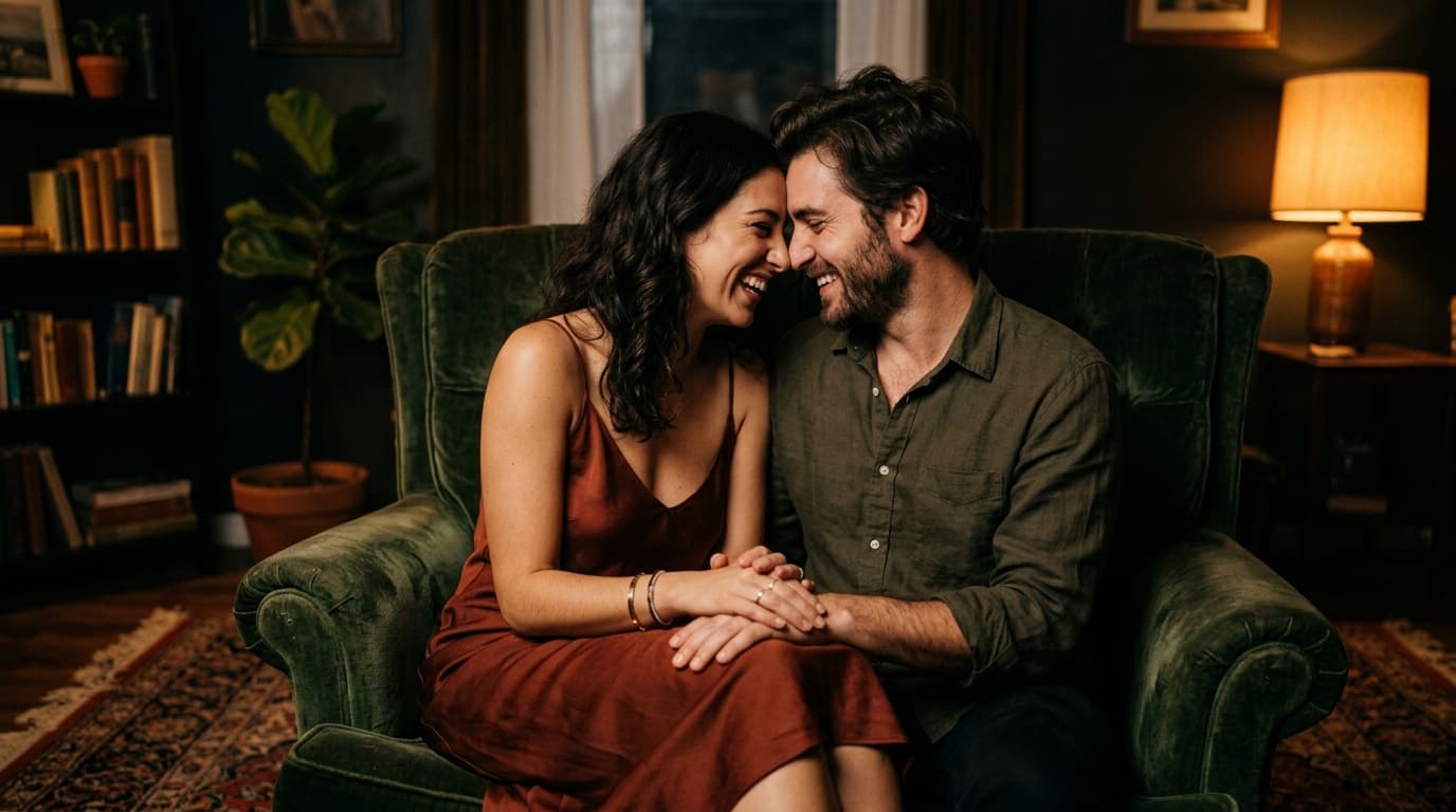 A couple sits centered on a velvet armchair in a dark living room. They lean inward, foreheads touching and laughing, whil...