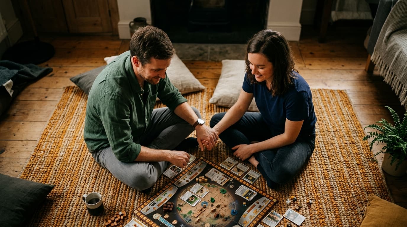 Overhead flat-lay, overcast morning light. A man in a linen shirt and a woman in a cotton t-shirt sit on a rug, hands clas...