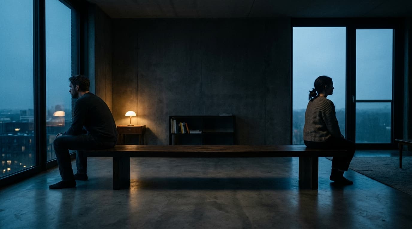 A couple sits on opposite ends of a long, minimalist bench in a dark apartment. They face away from each other toward sepa...