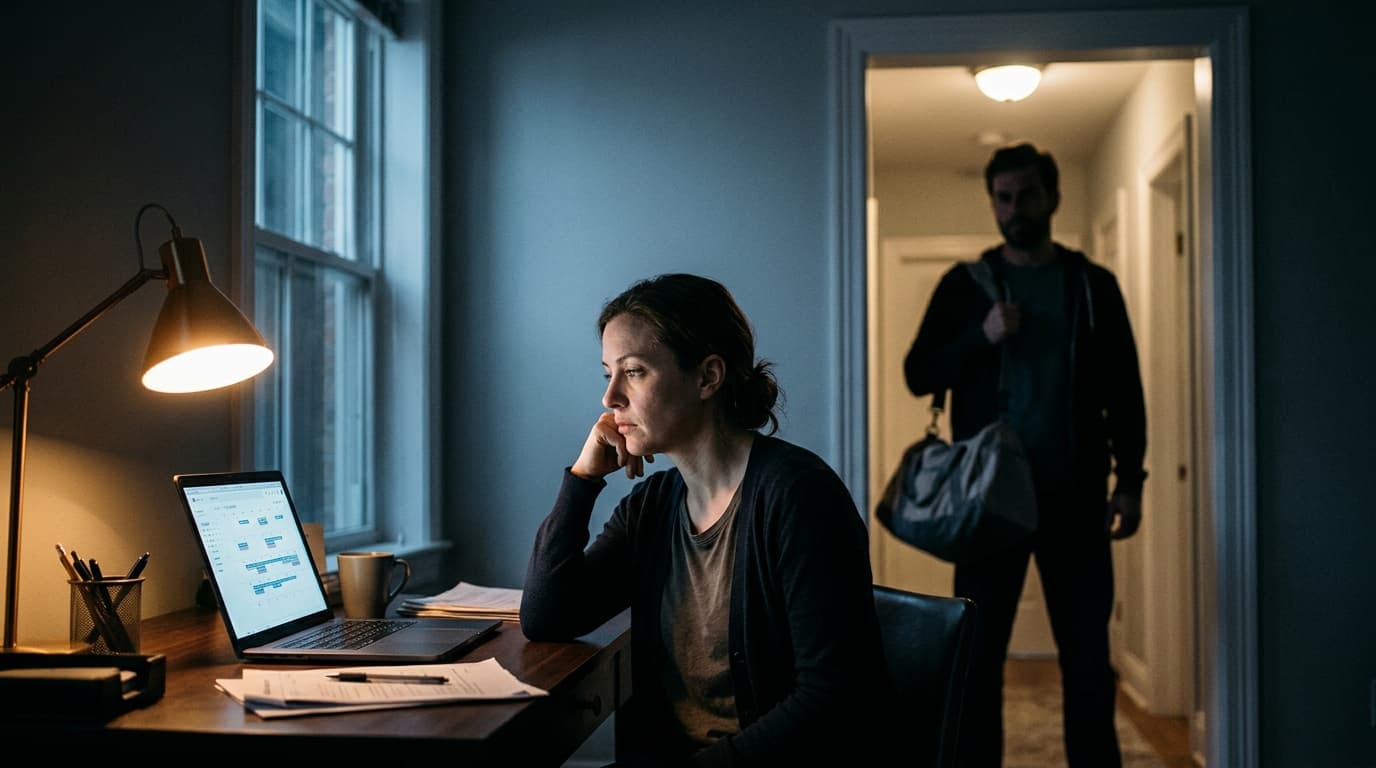 A woman sits at a wooden desk illuminated by a glowing laptop screen, staring at a complex digital calendar. A man stands...