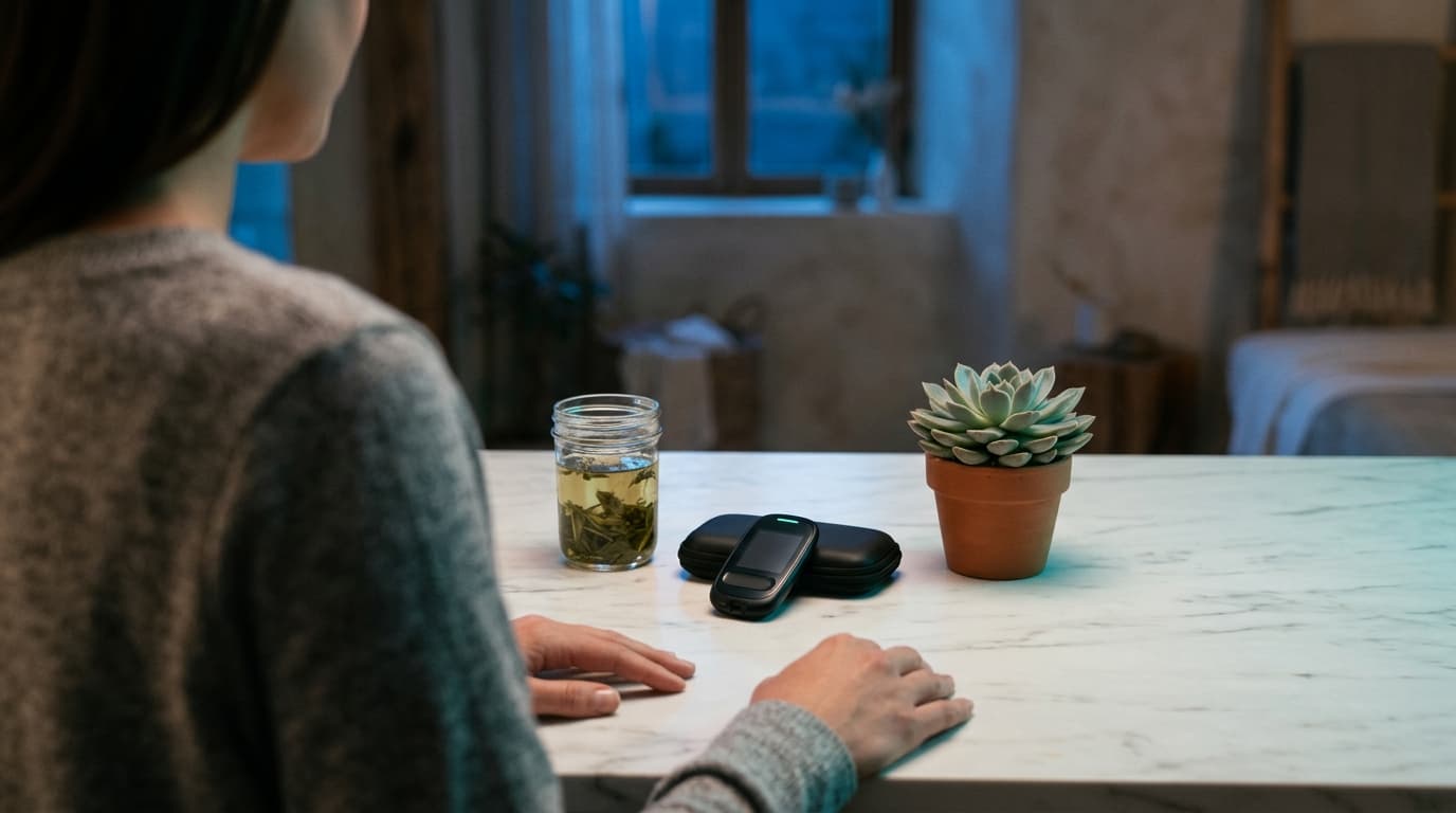 A clean, white marble surface holds a symmetrical arrangement: a neatly organized blood glucose monitor, a glass jar of gr...