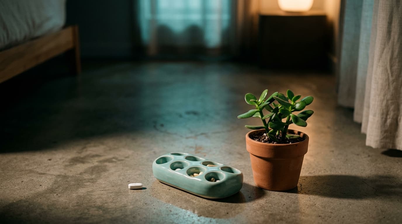 A minimalist bedside setup featuring a single Metformin tablet, a smooth ceramic pill organizer, and a small, vibrant jade...