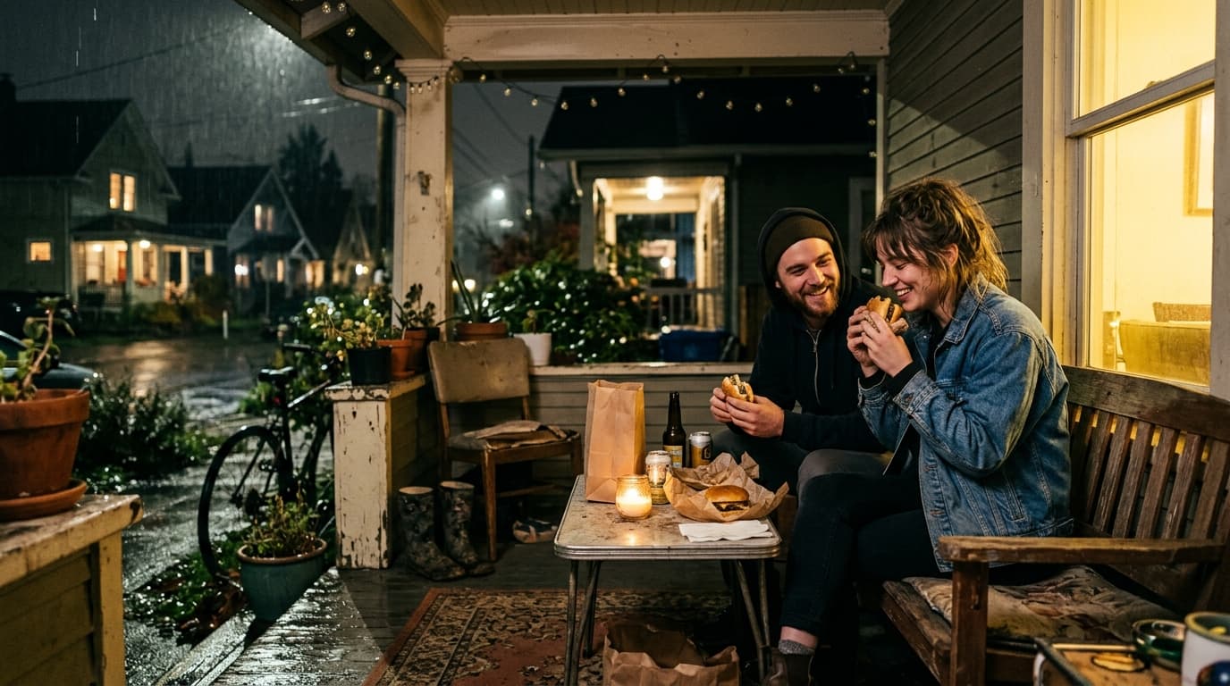 A couple sits on a cluttered, rain-dampened porch in the Alberta Arts District, sharing a late-night burger. The woman wea...