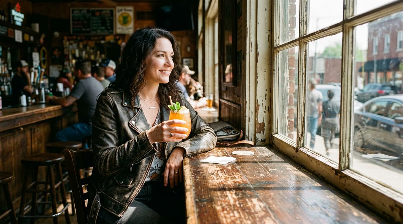 A leather-jacketed woman sits offset left at a North Mississippi bar, holding a glowing tiki cocktail. Bright noon sunligh...