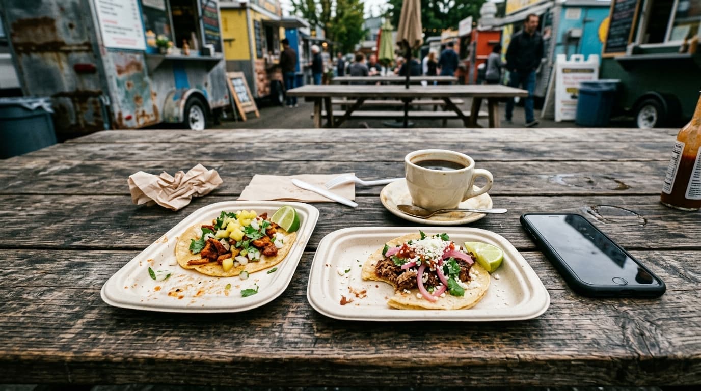 Overhead flat-lay on a weathered wooden picnic table at the 6th Avenue Food Cart Pod. Two half-eaten gourmet tacos rest on...