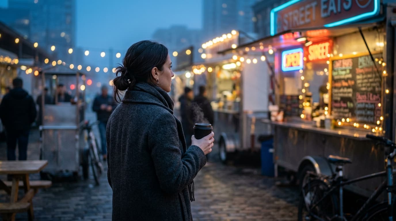 A woman in a charcoal wool coat stands at the edge of a food cart pod, holding a steaming paper cup, looking toward a blur...