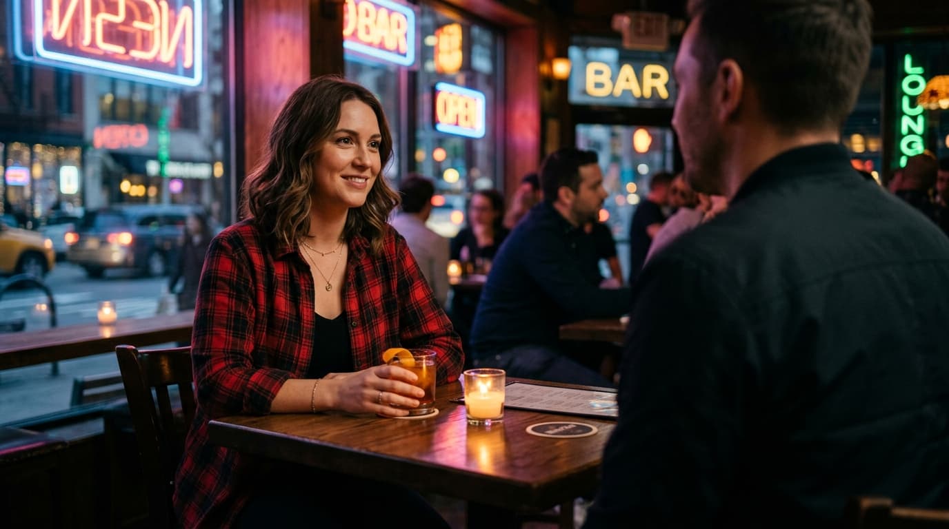 A woman in a vintage flannel shirt sits at a candlelit bar table, offset left. She holds a craft cocktail, looking toward...