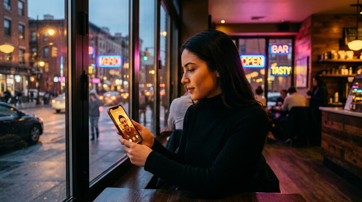 A centered, symmetric close-up captures a woman in a black turtleneck holding a glowing smartphone displaying a video call...