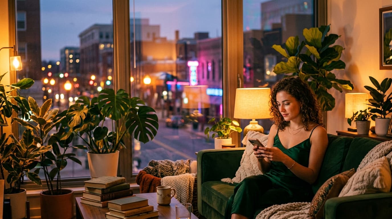 A well-lit, plant-filled Richmond apartment living room at night. A woman in a silk camisole sits on a velvet sofa, holdin...
