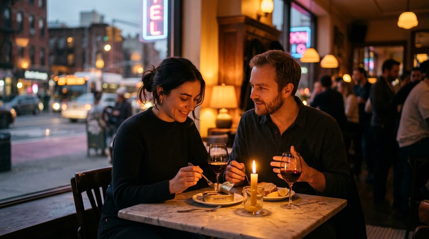 A couple sits at a small, candle-lit marble table at Bar Norman, sharing a tin of sardines and wine. Soft, warm light glow...