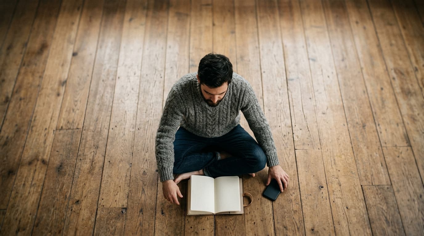 Overhead flat-lay of a man in a thick wool sweater sitting on a hardwood floor, staring at a blank notebook, one hand rest...