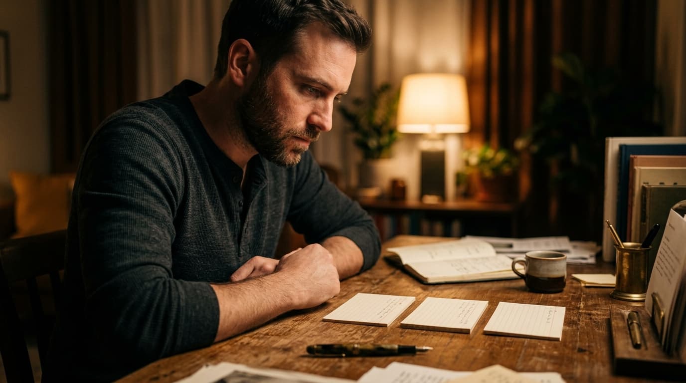 A man in a crisp charcoal henley sits at a cluttered wooden desk, staring intently at three distinct, handwritten index ca...