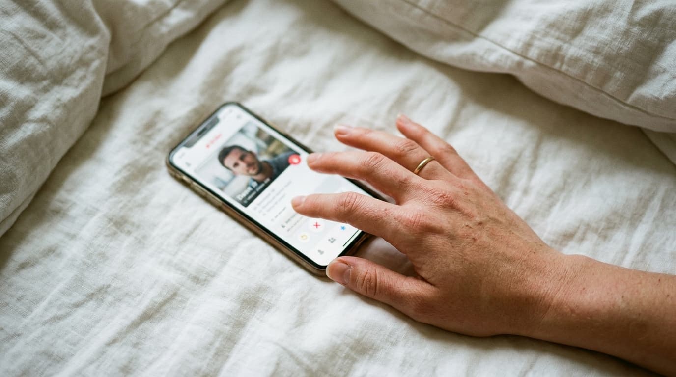 Overhead flat-lay, 35mm documentary style. A person’s hand rests palm-up on a rumpled white linen sheet, fingertips barely...