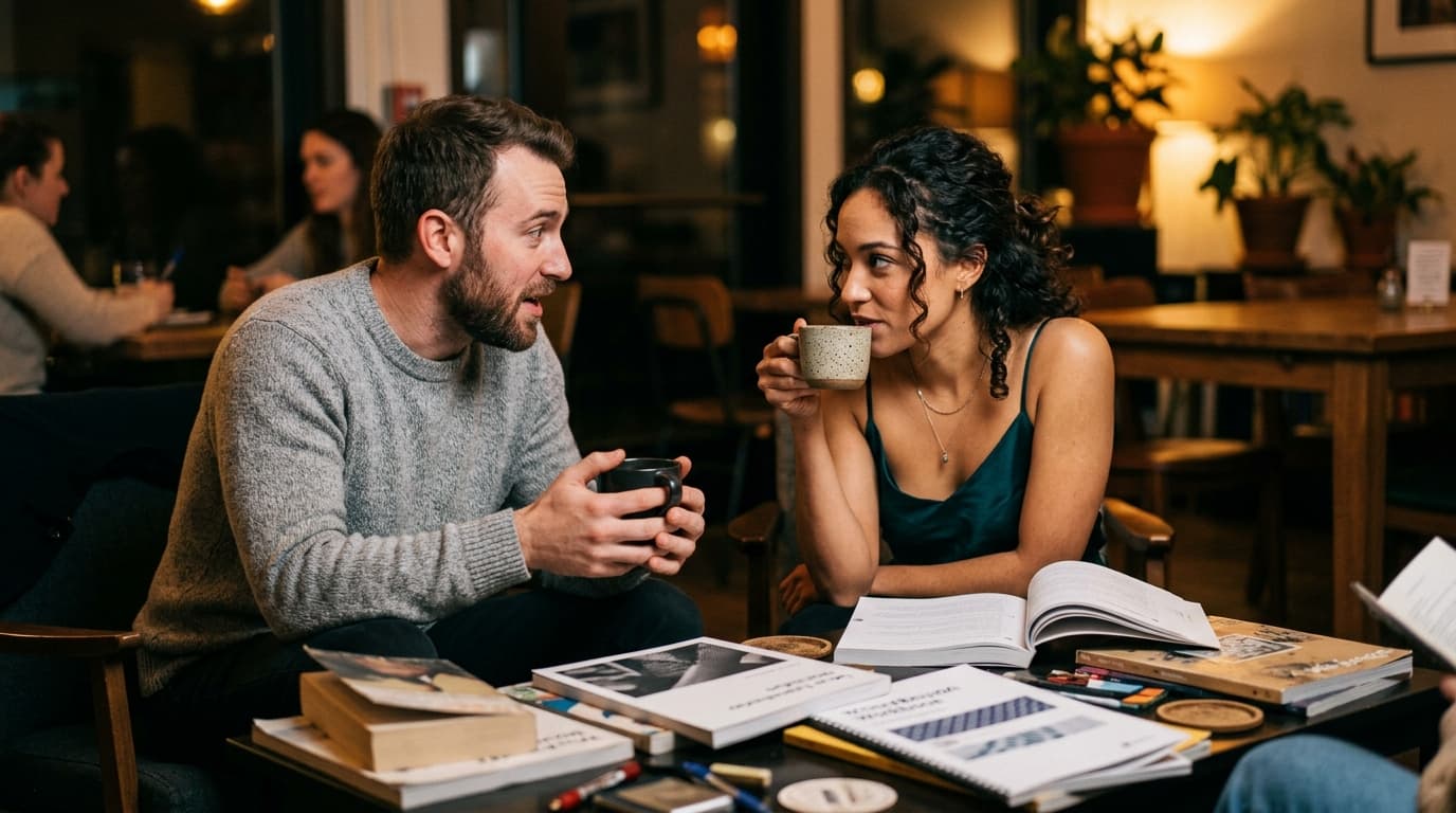 A man in a soft grey sweater and a woman in a silk camisole lean across a low coffee table. They hold mugs, faces candidly...