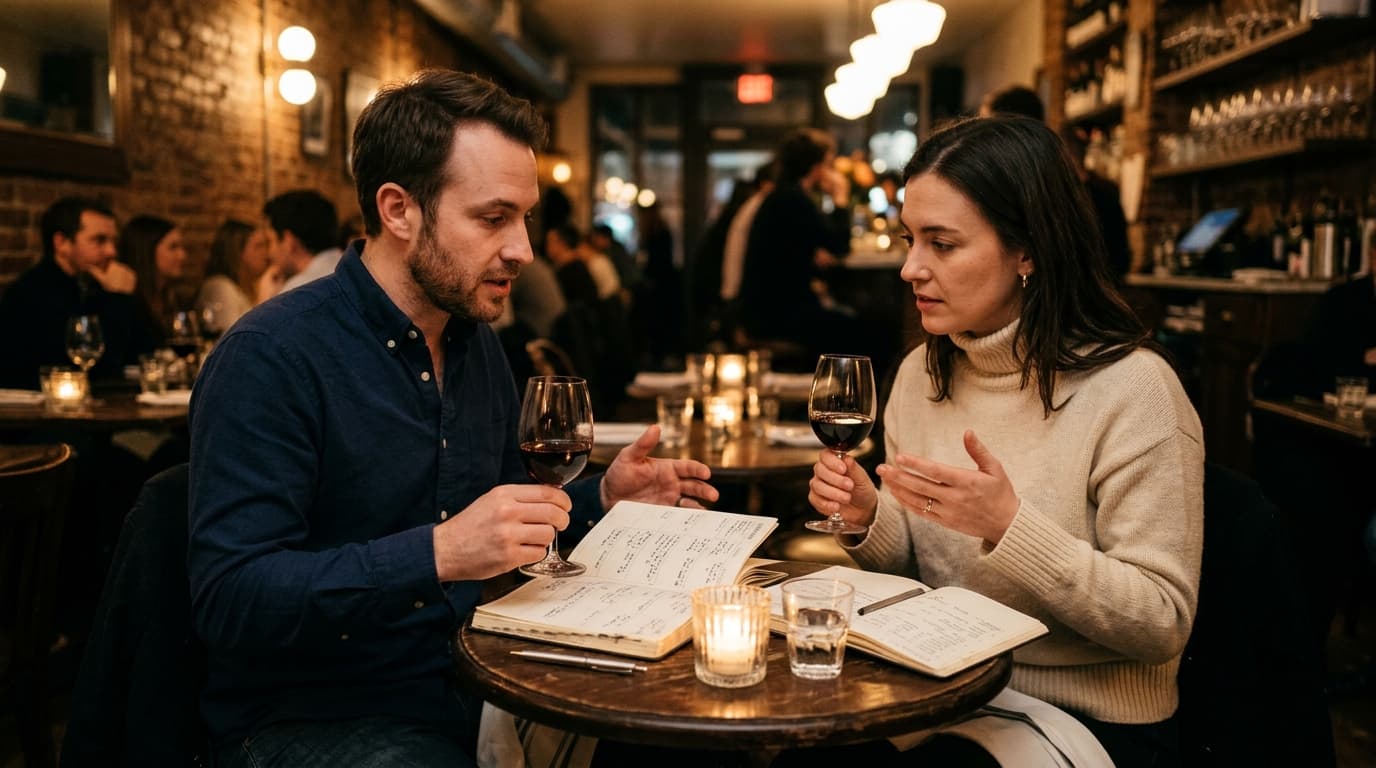 A man in a navy button-down and a woman in a cream turtleneck sit across a small bistro table, focused on a weekly physica...