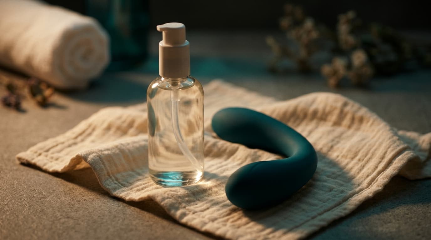 A premium, water-based lubricant bottle and a smooth, silicone physical therapy massager rest on a soft, folded muslin clo...