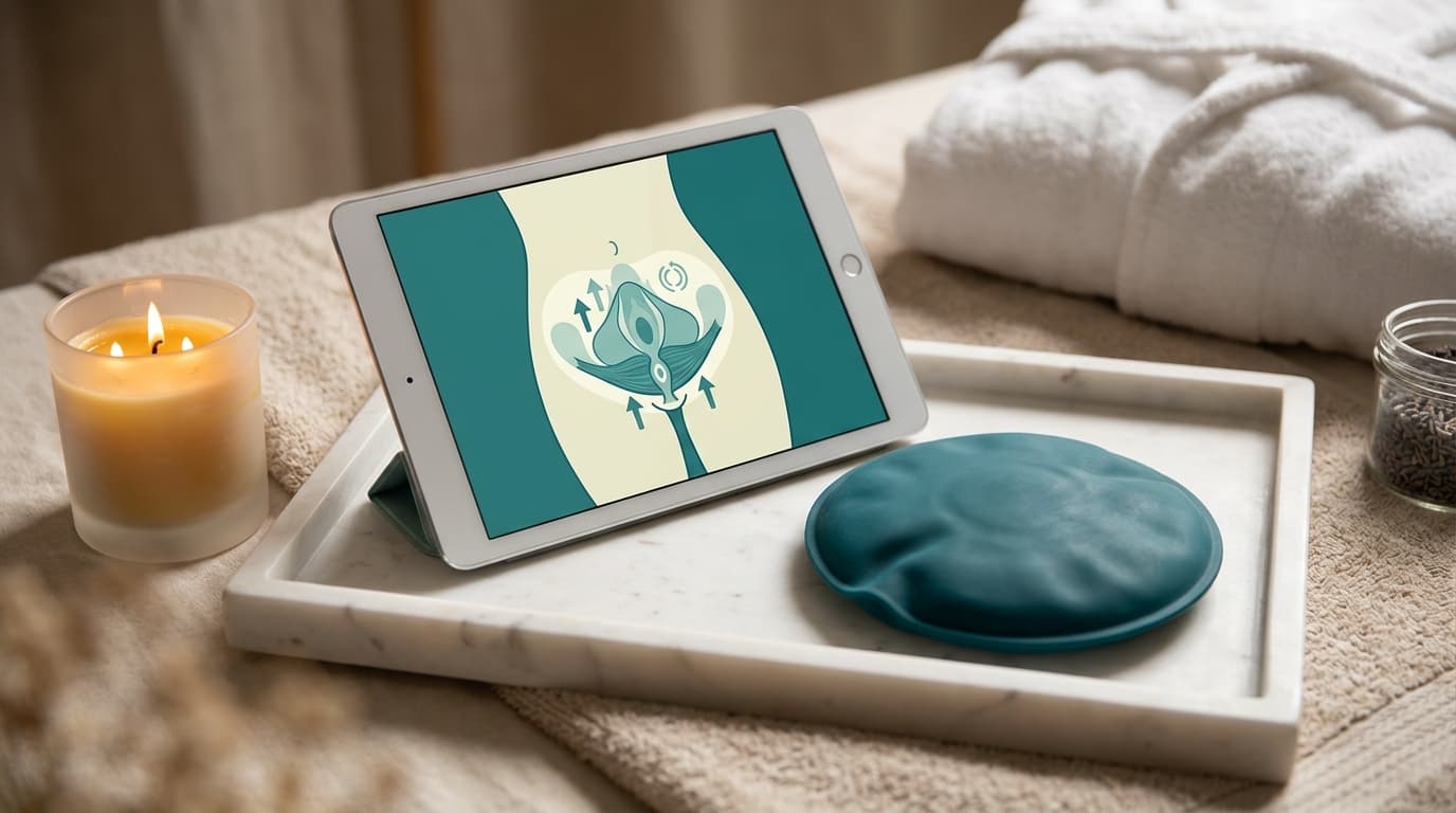 A sleek, telehealth tablet displaying a pelvic health exercise graphic rests on a white marble tray alongside a soft, circ...