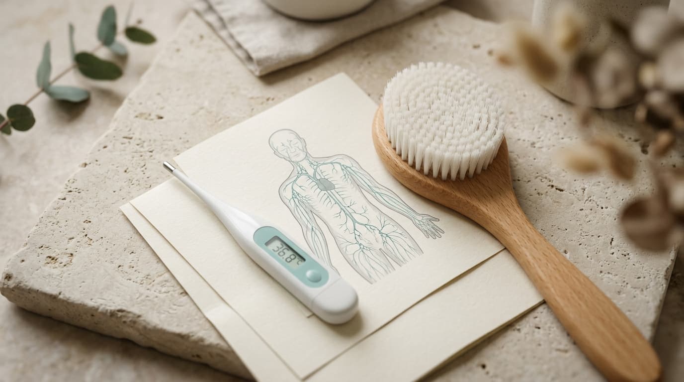 An overhead flat-lay of a clinical thermometer, a soft-bristled medical-grade massage brush, and a sterile anatomical diag...