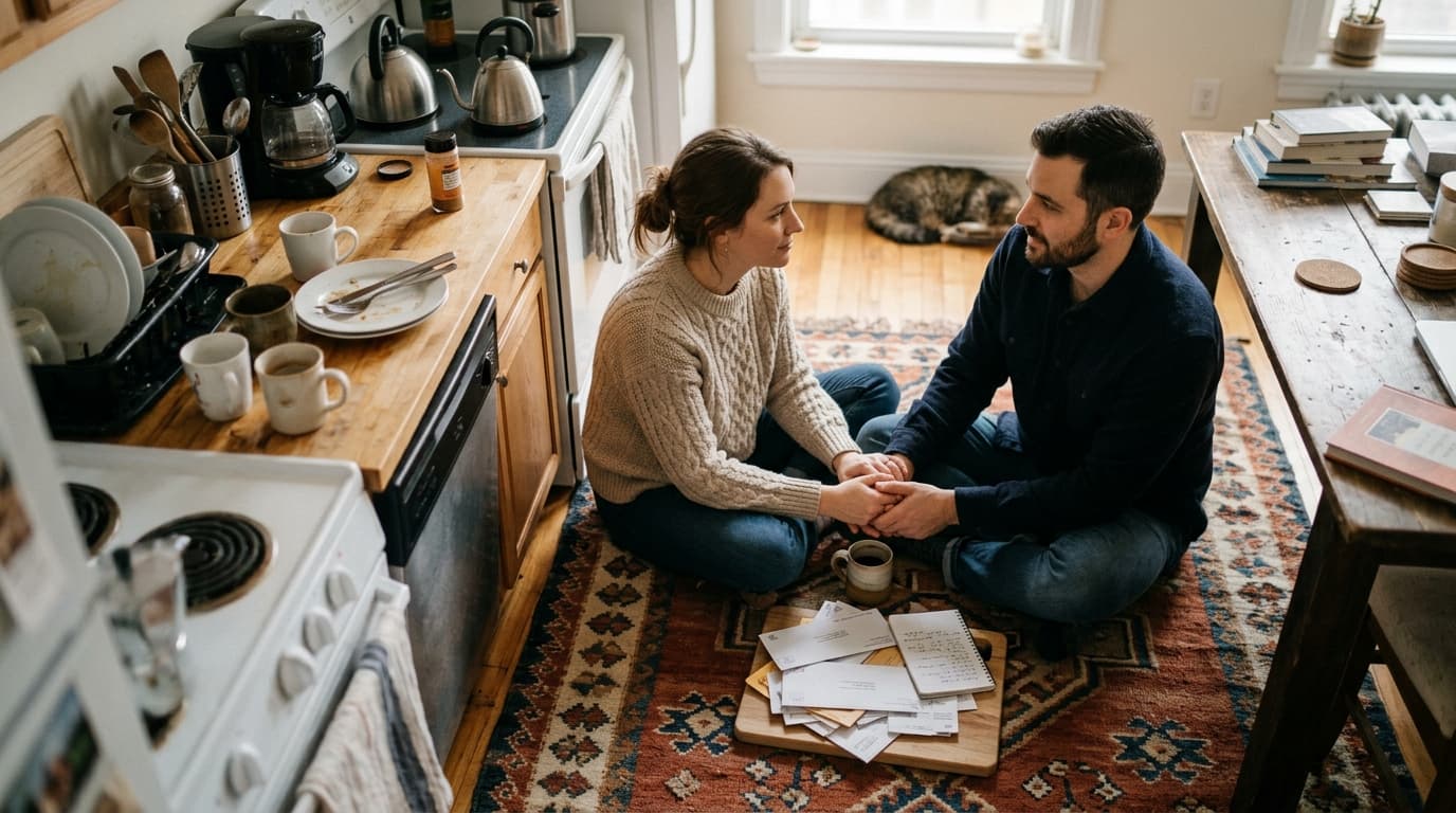 An overhead flat-lay of a couple sitting on a rug near a messy kitchen, hands joined as they calmly discuss a stack of mai...