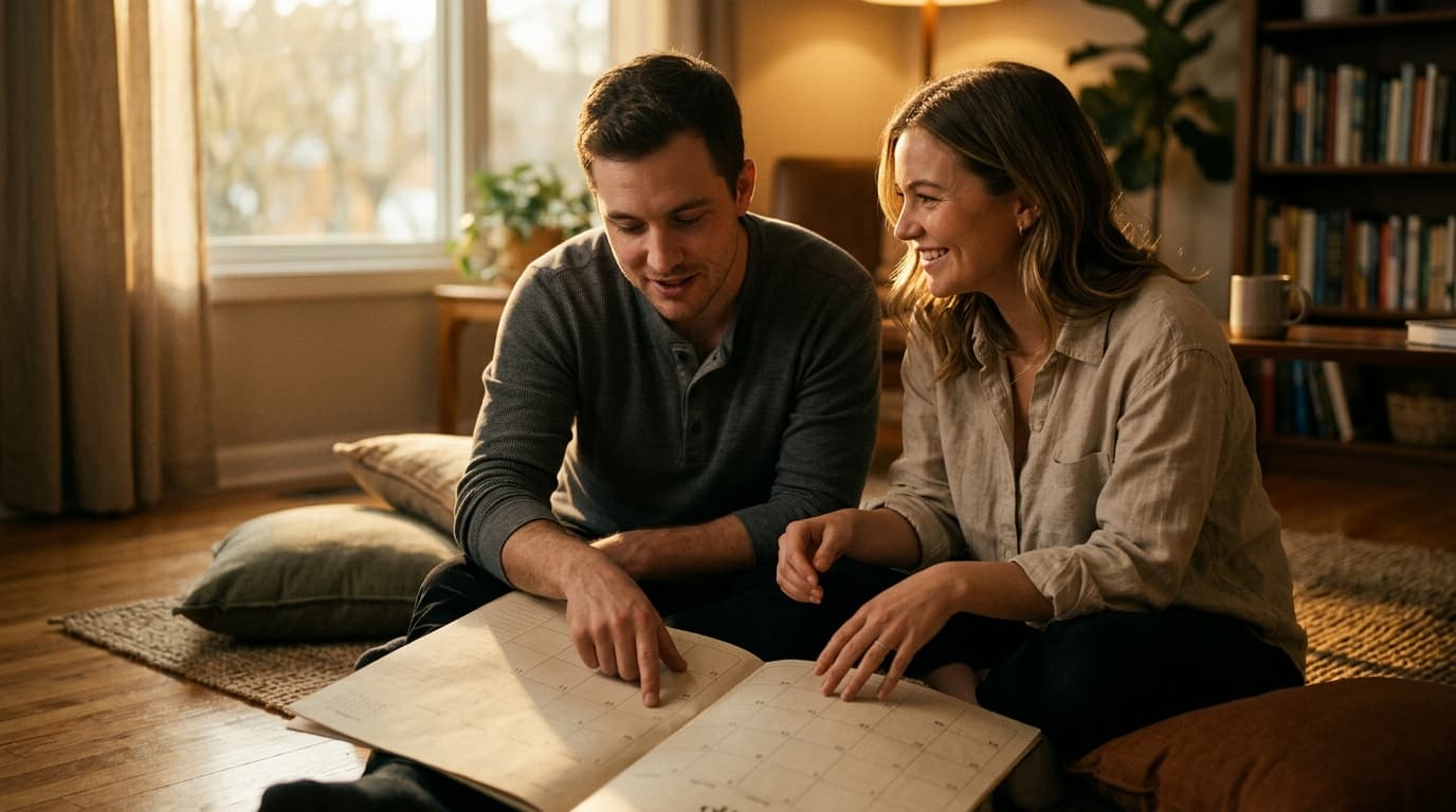 A couple sits on a sunlit floor, a large wall calendar spread between them. A man in a charcoal henley points to a date, w...