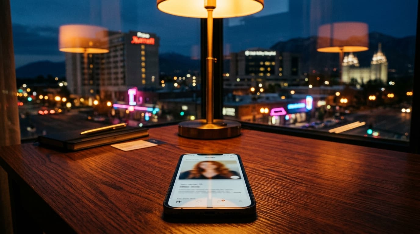 A 24mm wide-angle shot of a dimly lit Provo hotel room at night. A smartphone screen is centered on a mahogany desk, displ...