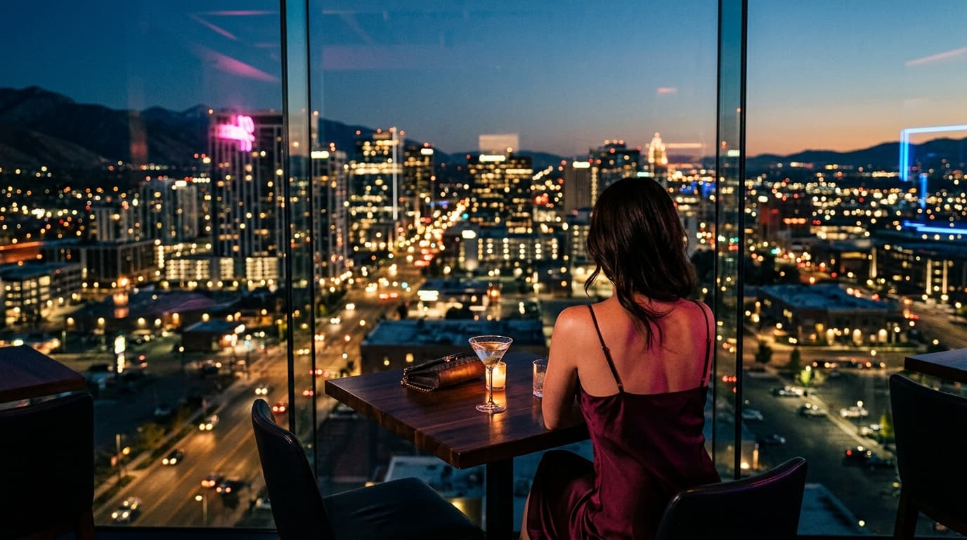An over-the-shoulder view from a high-rise hotel lounge, looking out at the glittering Lehi skyline at blue hour. A woman...