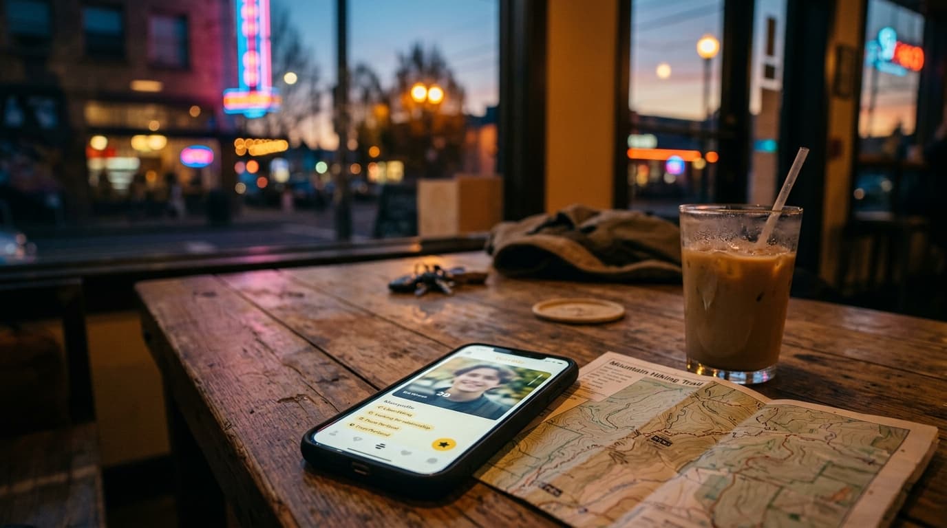 A 50mm natural perspective shot of a glowing smartphone screen displaying a Bumble profile, resting on a wooden coffee tab...