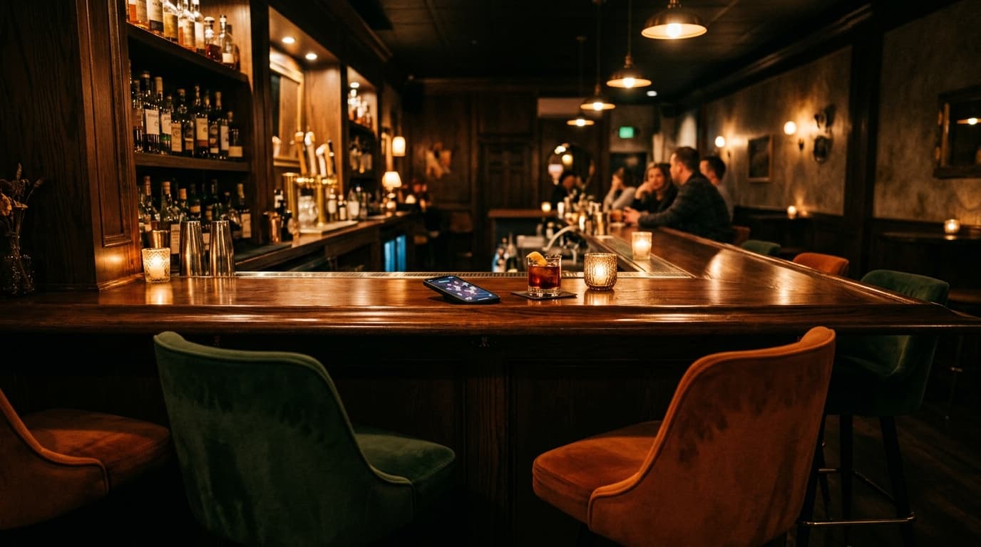 A wide 24mm shot inside a dimly lit Provo cocktail lounge. Centered symmetrically, two velvet barstools face a polished wo...