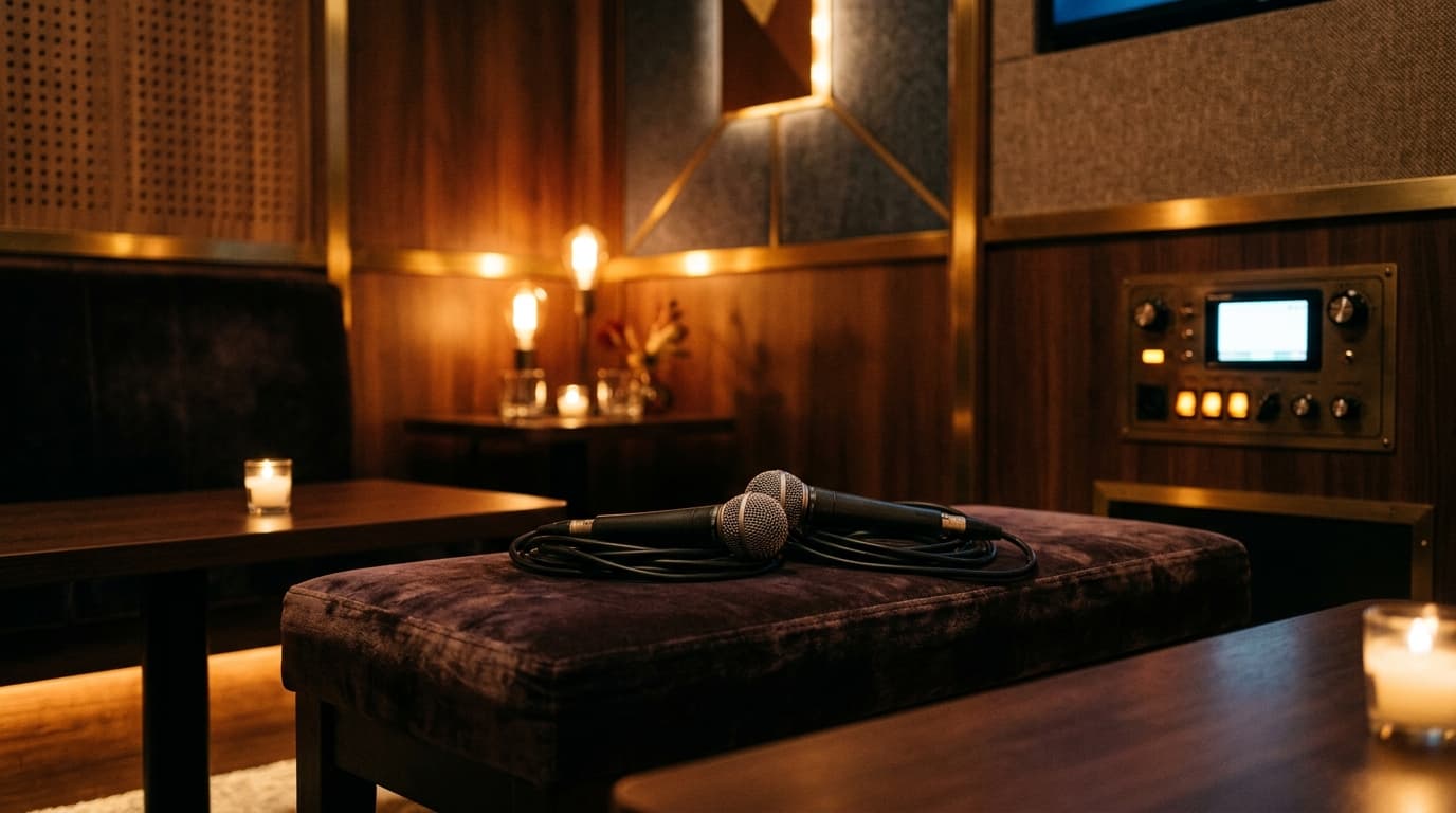A medium shot captures two microphones resting on a dark velvet bench inside a private karaoke booth. Warm, low-light eman...