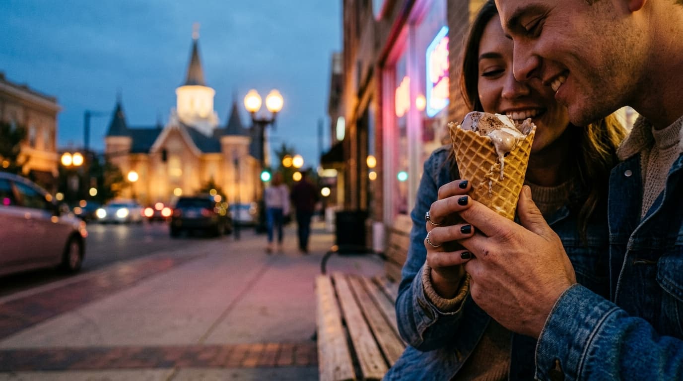35mm documentary shot at golden hour. A couple shares a waffle cone of melting ice cream on a Center Street bench, with th...