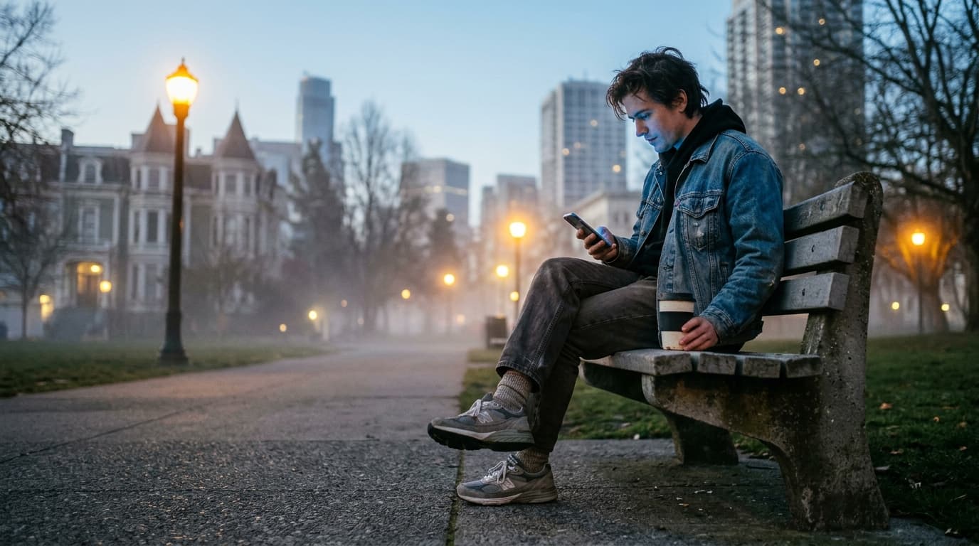 A low-angle, 35mm documentary shot shows a person in a vintage denim jacket sitting on a concrete park bench, illuminated...