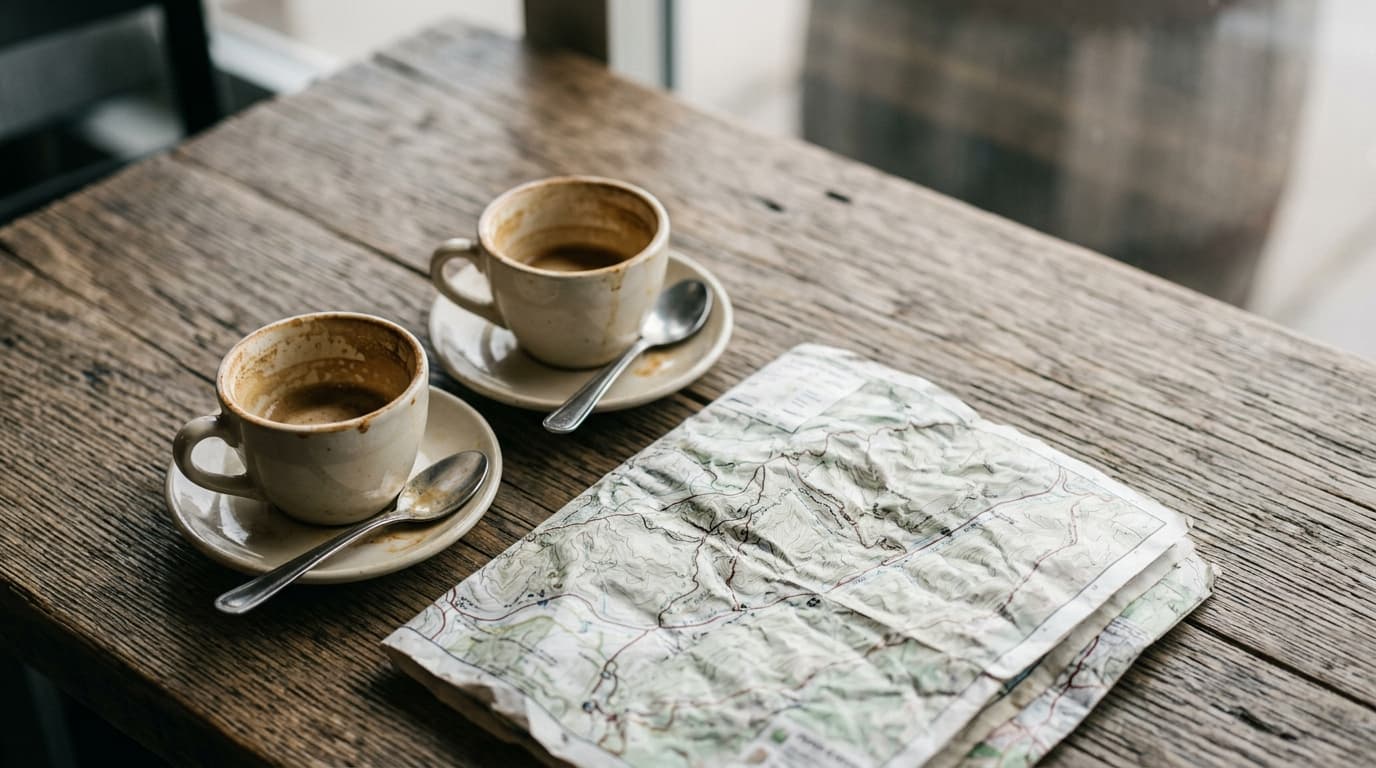Overhead flat-lay of two half-empty espresso cups and a single, crumpled Provo Canyon trail map resting on a weathered woo...