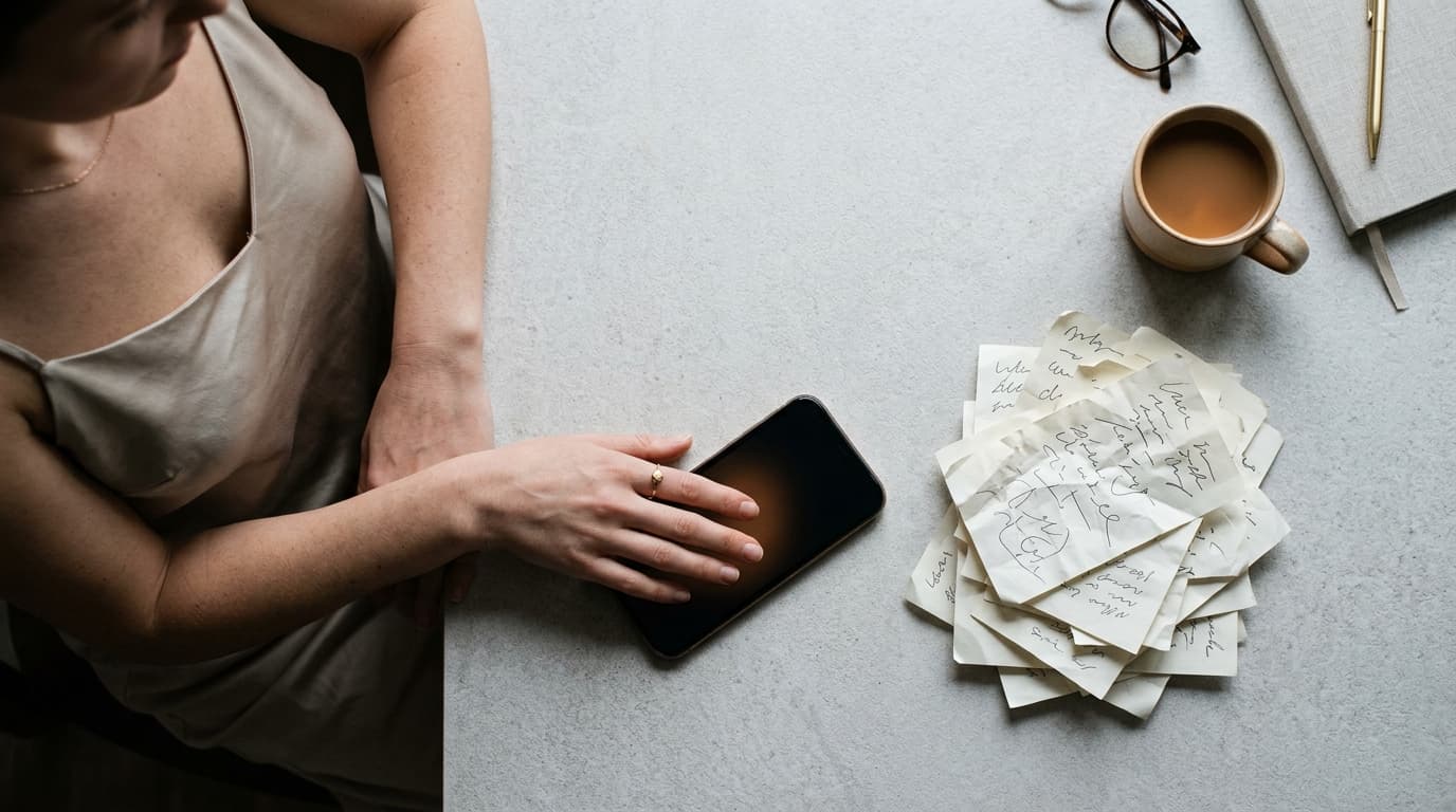 An overhead flat-lay shot shows a woman wearing a silk camisole, her hand resting on a smartphone. Beside it, a stack of d...
