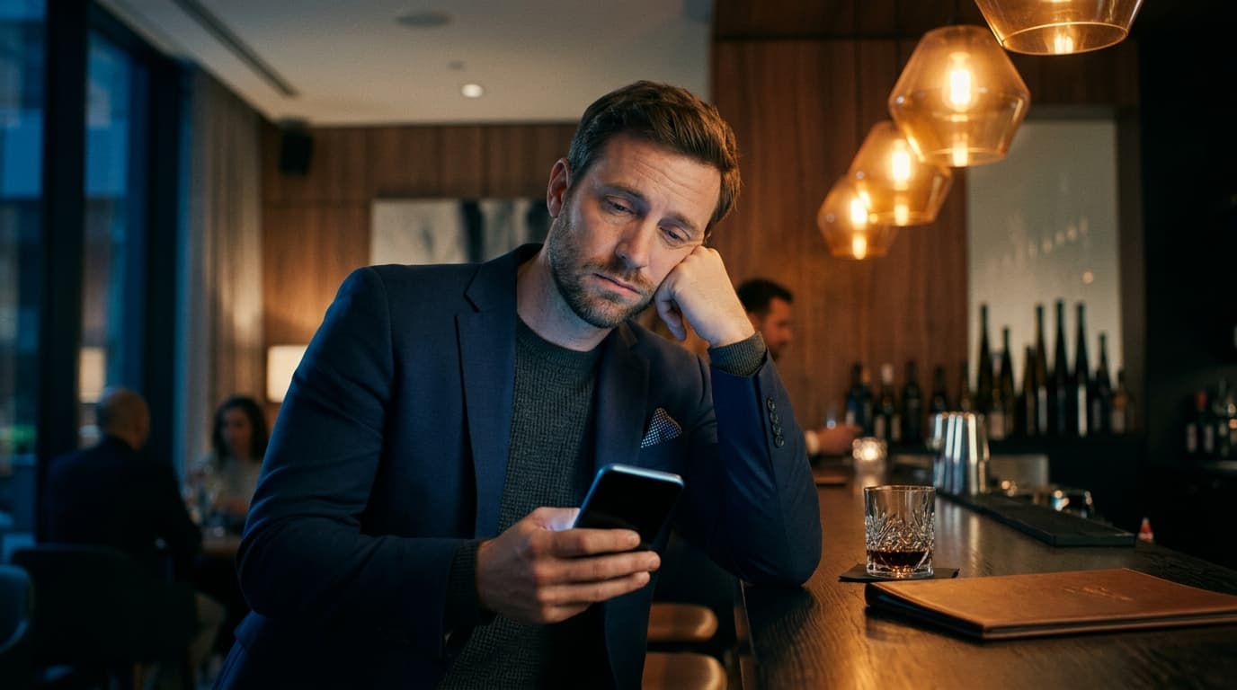 A man in a sharp navy blazer leans against a sleek bar counter at night, holding a blank smartphone with a tired expressio...