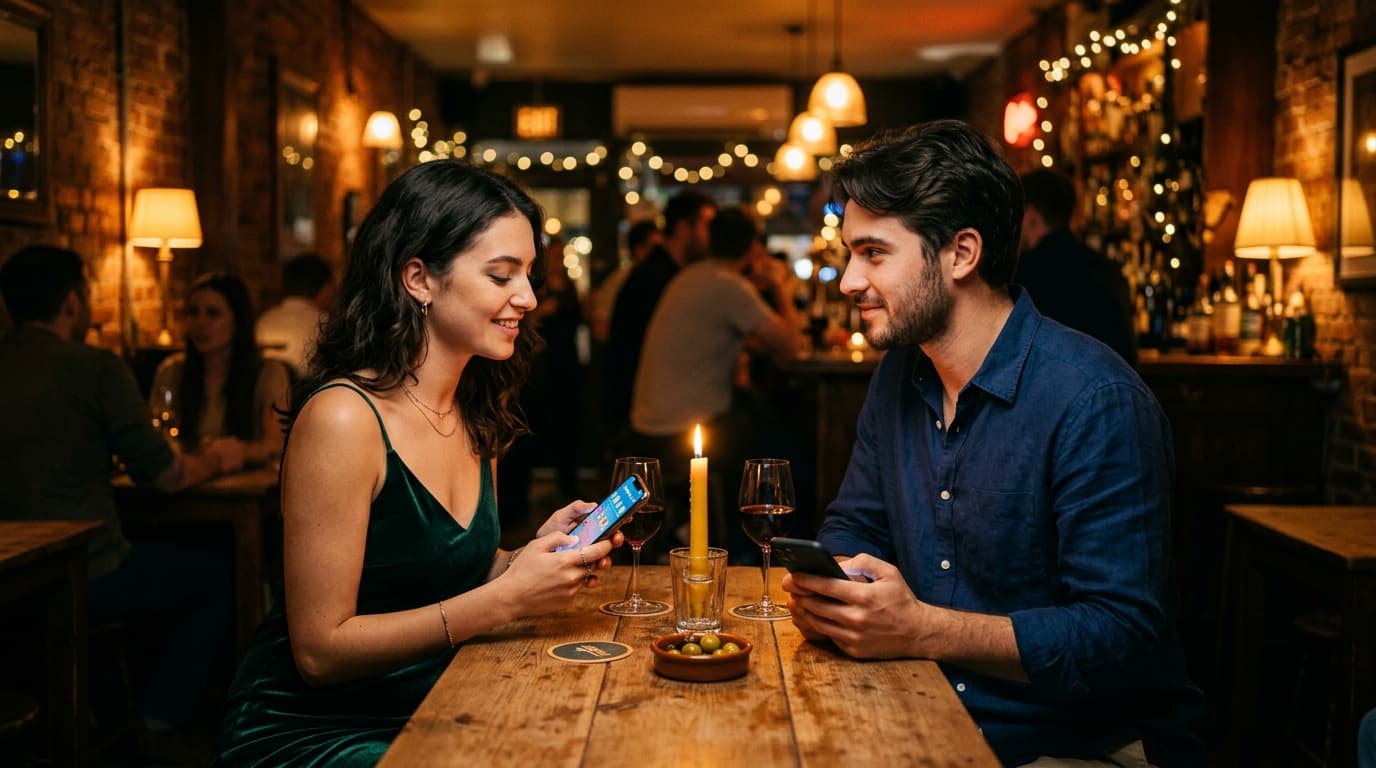 A woman in a velvet slip dress and a man in a crisp linen shirt sit at a small bar table, holding smartphones displaying g...