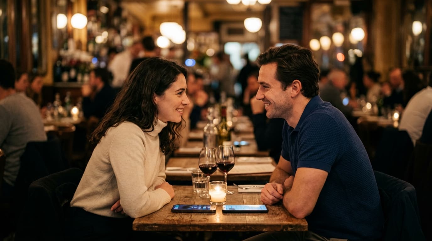 A woman in a cream turtleneck and a man in a navy polo lean toward each other across a table, two distinct smartphone scre...