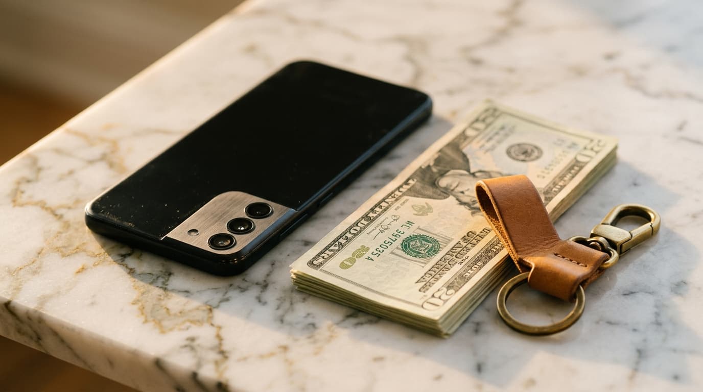 An extreme macro shot at golden hour features a smartphone face-down on a marble surface next to a stack of crisp twenty-d...