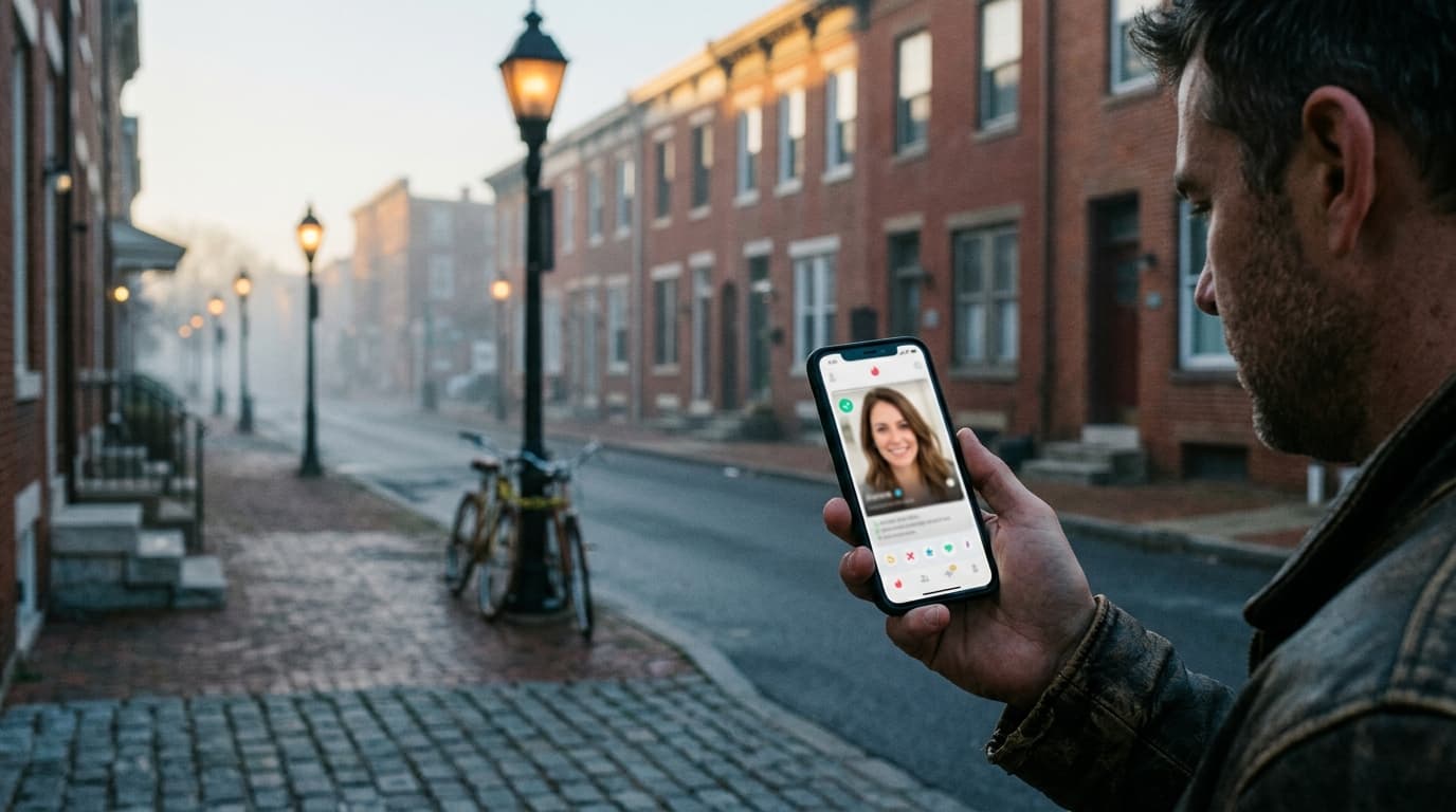 A low-angle shot from the sidewalk shows a man’s hand holding a smartphone displaying a verified dating profile. In the ba...