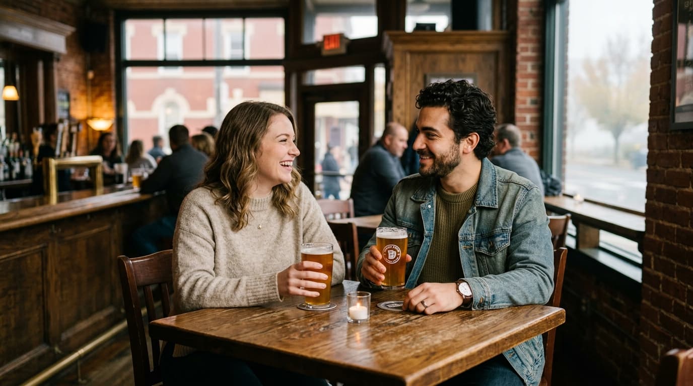 An 85mm portrait captures a man and woman sharing a craft beer at a high-top table in a bustling pub, with the soft-focus,...