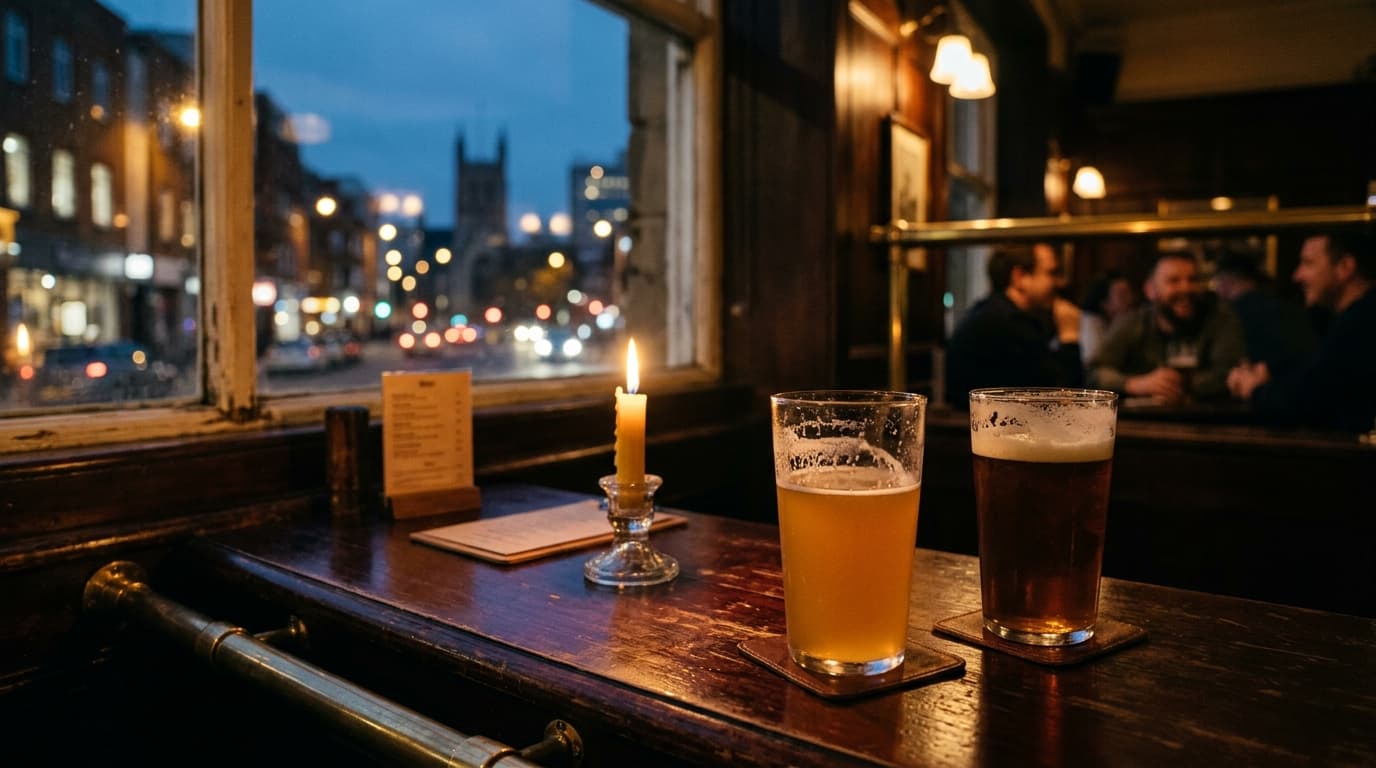 A medium shot captures two half-full glasses of craft beer on a dark, polished mahogany bar top. Through the window, the f...