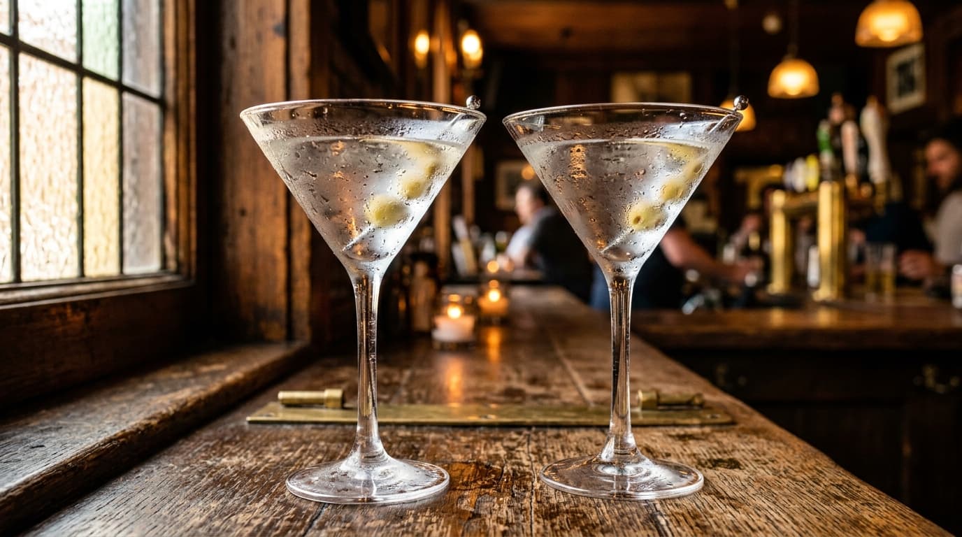 A 100mm macro shot captures two chilled martini glasses resting on a rustic wooden bar top at The Nitro Bar, with amber su...